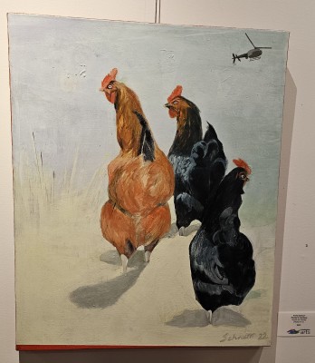 Reinier's chickens, acrylic, on sale at Alton Mills